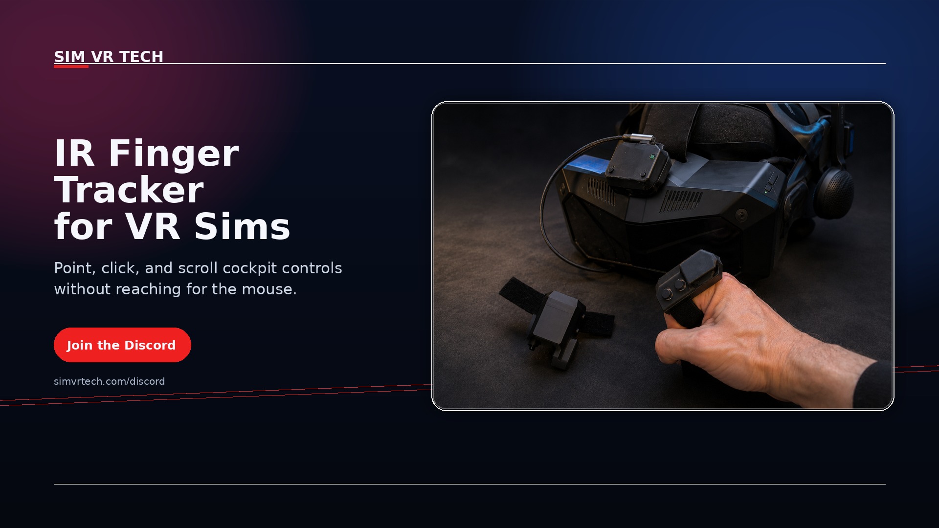 SIM VR Tech IR Finger Tracker for VR Sims with headset-mounted tracking unit and finger-worn trackers